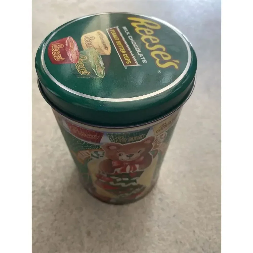 Vintage Collectible Tin - 1990 Hershey Reeses - Green Christmas Bear in Stocking